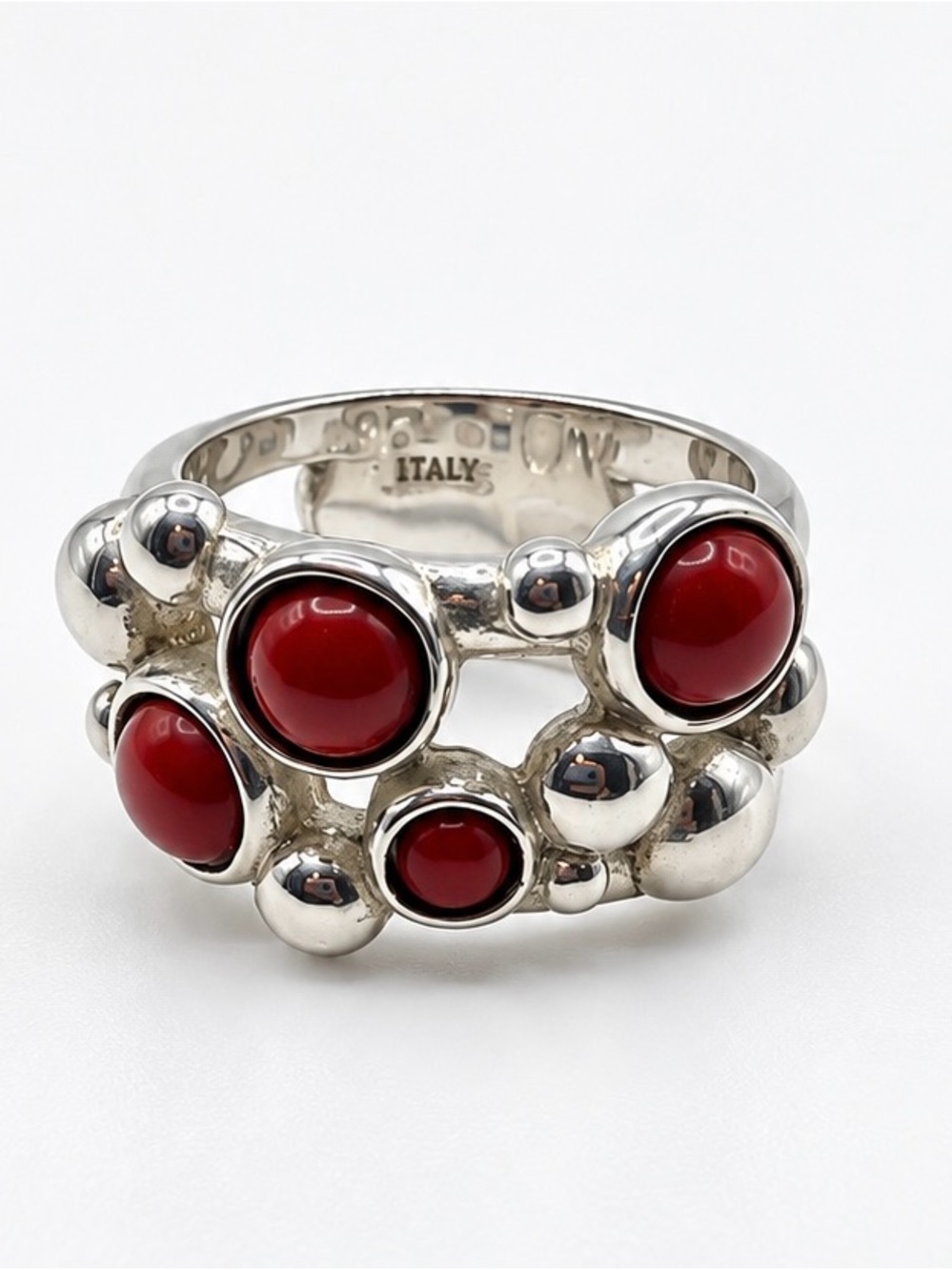 Modernist Sterling Silver Ring 6 Red Magenta Coral Cabochons Bubble Sphere Italy